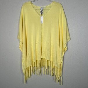 Chicos size L/XL pointelle knit fringe poncho yellow boho beachy NEW